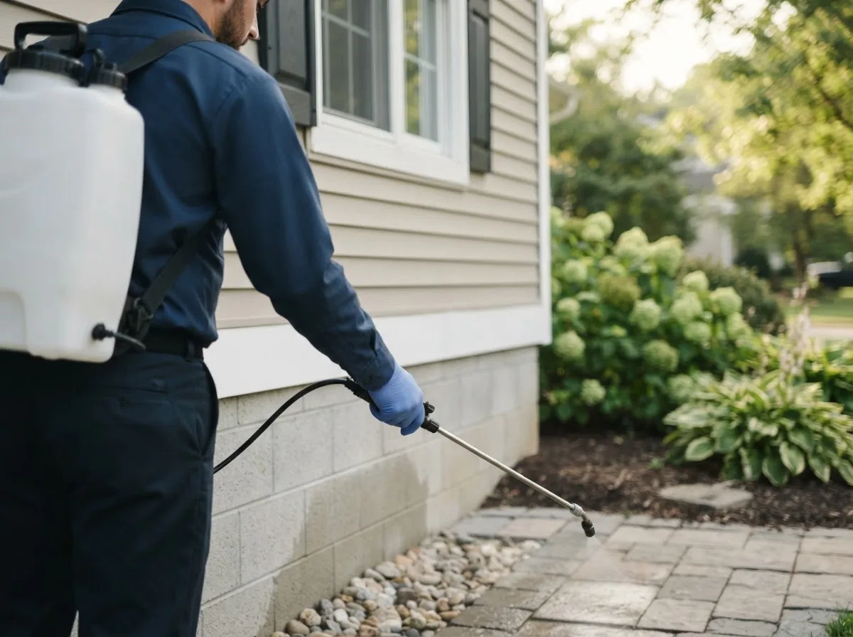 Pest control technician inspecting a home in Central City, NE